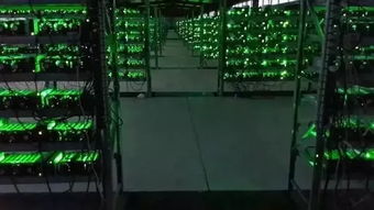 High-tech cryptocurrency mining farm with rows of mining rigs running efficiently